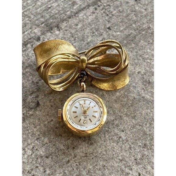 BUCHERER Incablock Swiss Gold Tone Watch Brooch Pin Bowel Mechanical Wind Up VTG - Picture 1 of 8